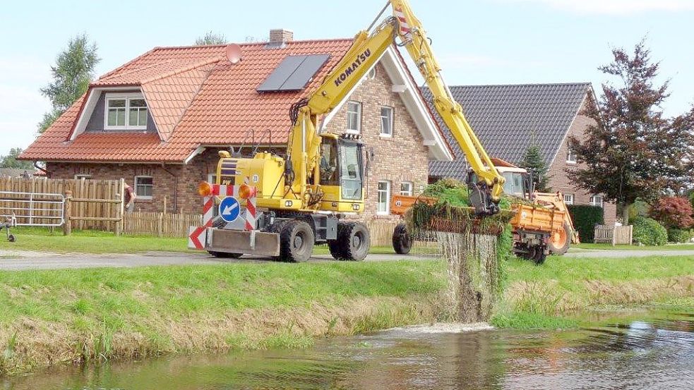 Mit einem Bagger und einem Mähkorb entfernen Mitarbeiter des Bauhofes der Gemeinde Großefehn die tropische Pflanze „Brasilianische Tausendblatt“ aus dem Spetzerfehnkanal. Foto: Trauernicht