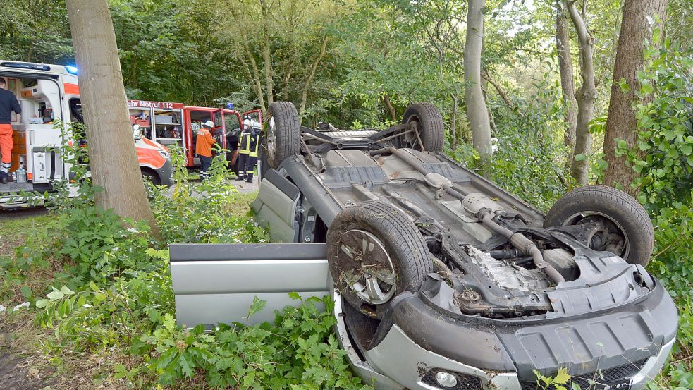 Das Auto des 74-Jährigen landete kopfüber im Graben. Foto: Weers