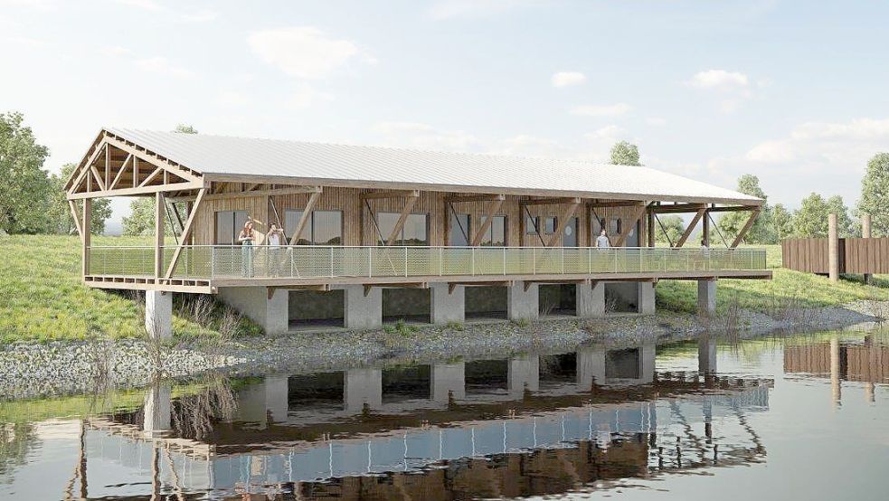 So könnte es aussehen: Die Nord-Ost-Ansicht des geplanten Bootshauses am Yachthafen von Greetsiel. Rechts ist die Brücke zur Steganlage zu sehen. Visualisierungen: Architekt Reinhard Schneider