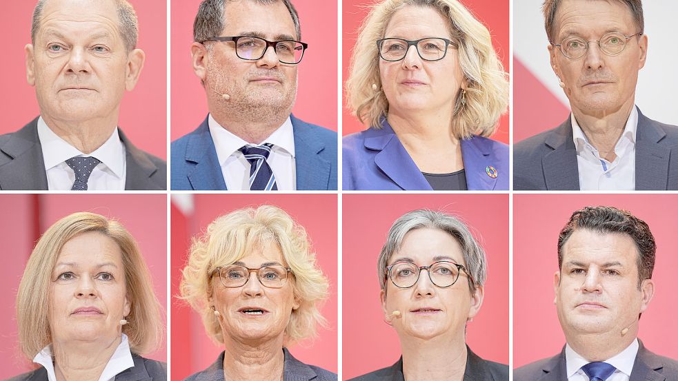 Vier Frauen und drei Männer von der SPD werden dem ersten Kabinett von Olaf Scholz (oben links) angehören. Insgesamt gibt es dann in der neuen Bundesregierung mit Grünen und FDP gleich viele Frauen wie Männer. Foto: Foto: dpa/Michael Kappeler