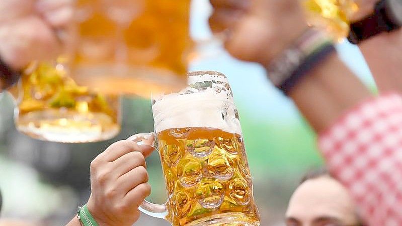 Besucher prosten sich in einem Bierzelt mit Biergläsern zu. Foto: Tobias Hase/dpa/Archiv