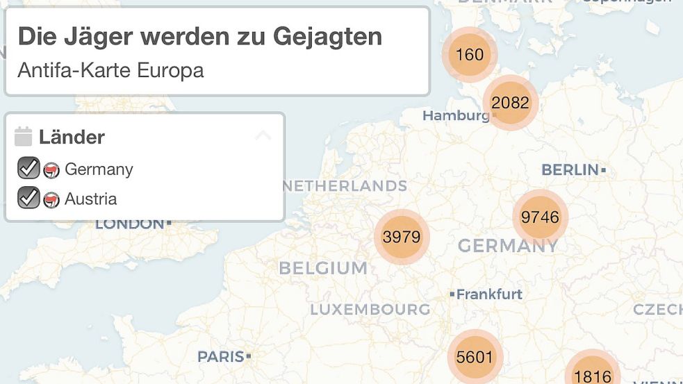 Auch wenn es in der Übersicht nicht so aussieht: Auch für Ostfriesland waren viele Namen angeblicher Antifa-Mitglieder auf der Liste verzeichnet. Screenshot: Hock