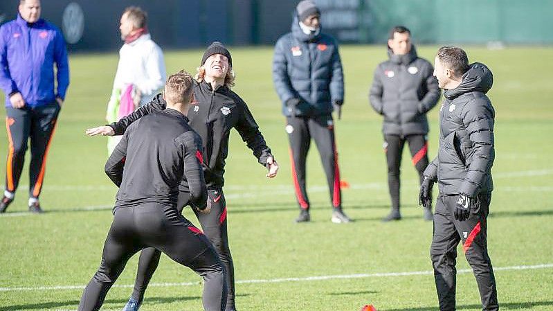 Abschlusstraining von RB Leipzig vor dem Spiel gegen San Sebastian. Foto: Christian Modla/dpa