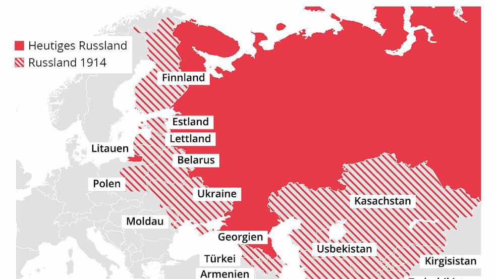 Die Karte zeigt die heutigen Grenzen Russlands – und die des Russischen Kaiserreichs von 1914. (Ausschnitt) Foto: Statista