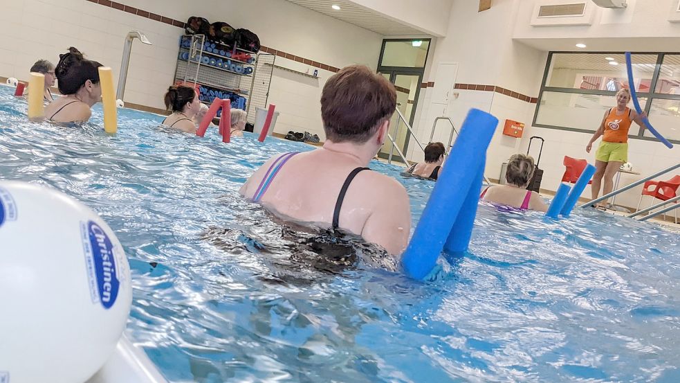 Wassergymnastik ist eine der beliebtesten Angebote für Reha-Sport. Allein die TG Wiesmoor bietet derzeit wöchentlich 17 Gruppen an – neun Stunden davon leitet Ingrid Brands (am Beckenrand stehend). Bald soll das Wassersport-Angebot noch weiter hochgefahren werden. Fotos: Homes