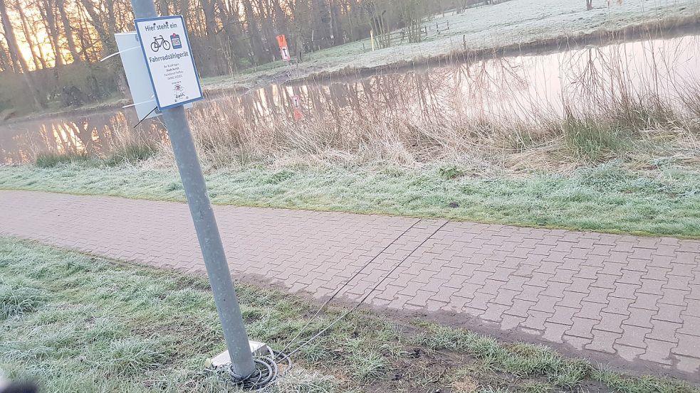 Schon gesehen? So werden Radfahrer in Aurich gezählt: Zwei Schläuche, eine Datenbox und ein Schild mit dem Hinweis auf das Zählgerät. Foto: Böning