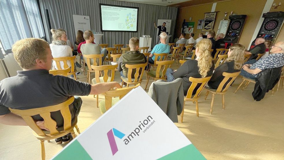 Das Interesse an der Informationsveranstaltung von Amprion im Borssumer Sportheim war spärlich. 15 Besucher nahmen teil. Foto: Päschel