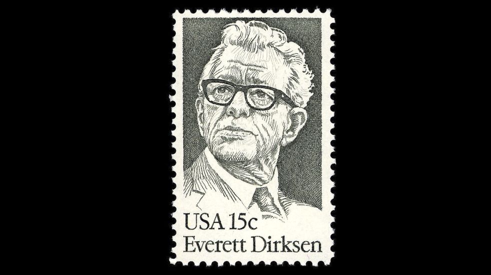 Anfang der 1980er Jahre erschien in den USA eine Briefmarke im Wert von 15 Cent, die Everett McKinley Dirksen zeigt. Foto: United States Postal Service