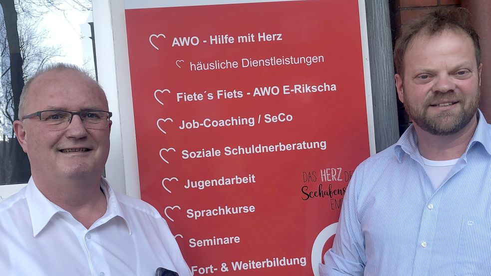 Trotz einiger Probleme blicken sie zuversichtlich in die Zukunft: Der kommissarisch eingesetzte geschäftsführende Vorstand der Awo, Holger Janssen (links), und Präsidiumsvorsitzender Matthias Arends. Foto: H. Müller