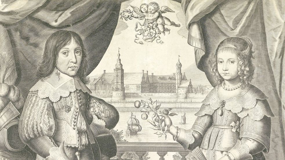 Enno Ludwig von Ostfriesland und seine Verlobte, Henriette Catharina von Oranien-Nassau vor der Emder Burg – Kupferstich (C. J. Visscher, um 1645-1652). Quelle: Rijksmuseum Amsterdam