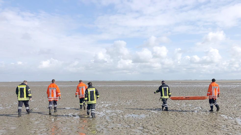 Mit einer Schleiftrage gingen die Feuerwehrleute ins Watt und holten damit die Patientin an Land. Foto: Feuerwehr Baltrum