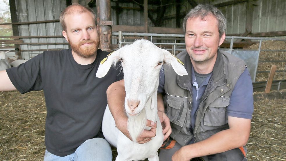 Theo Schneider (links) und Ziegenexperte Johan Stam mit einer der Milchlieferantinnen. Foto: Böning