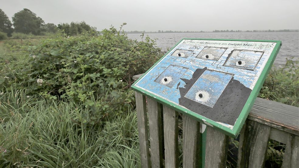 24 Jahre alte und nie ersetzte Schautafeln, Brombeeren und ein größtenteils gesperrter und verfallener Bohlenweg empfangen die Besucher an Deutschlands größtem Hochmoorsee bei Aurich. Foto: Böning