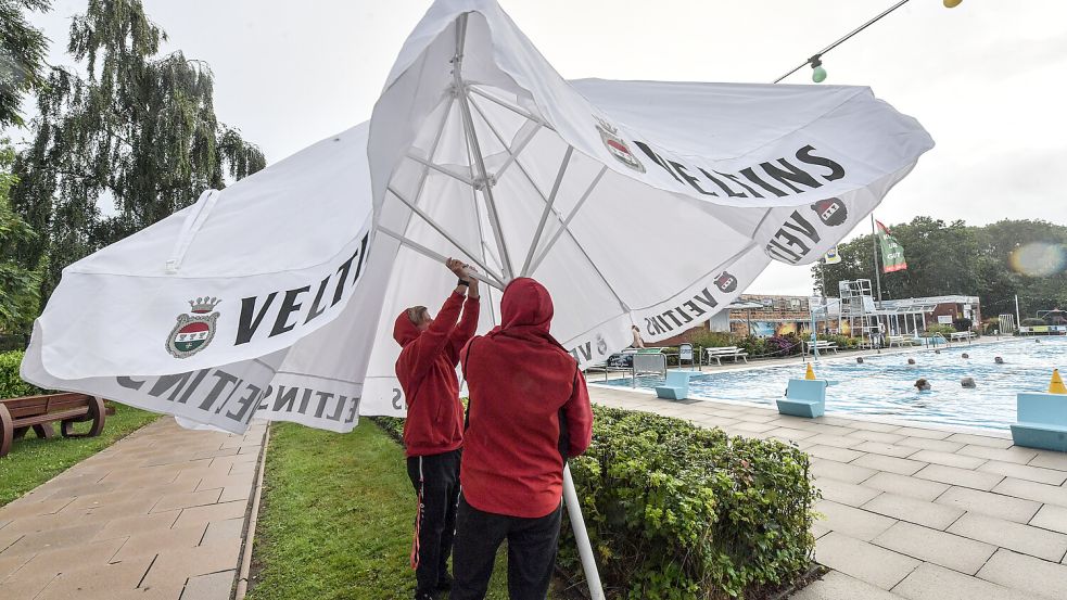 Sonnenschirme schützen auch vor Regen: Im Emder Van-Ameren-Bad trotzen sie dem unbeständigen Wetter. Foto: Ortgies