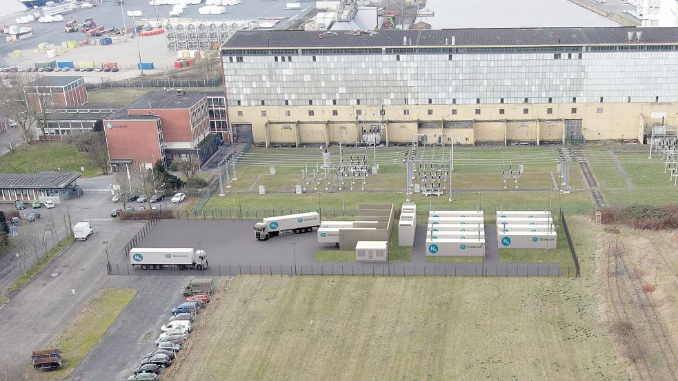 Unspektakulär, aber effektiv: Die Pilotanlage zur Wasserstoffproduktion vor dem Kraftwerk. Dieses retuschierte Foto zeigt die Container, in denen die Elektroktrolyseanlagen produzieren sollen. Tanklastwagen nehmen den Wasserstoff auf und verteilen ihn an die Tankstellen. Visualisierung: Statkraft