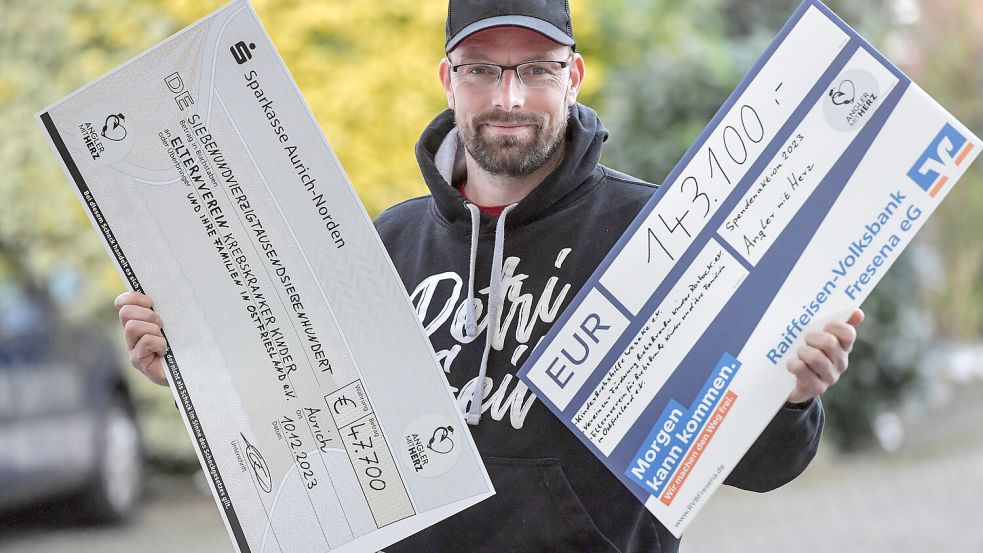 Lars Extra zeigt symbolische Schecks: Rechts steht der insgesamt gesammelte Betrag, links der Anteil für den Elternverein in Ostfriesland.