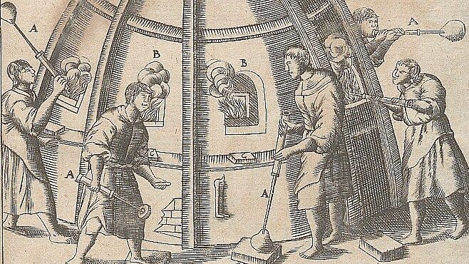 Männer arbeiten an einem Schmelzofen. Der Druck ist datiert auf das Jahr 1678. Foto: Deutsche Fotothek/Wikimedia Commons