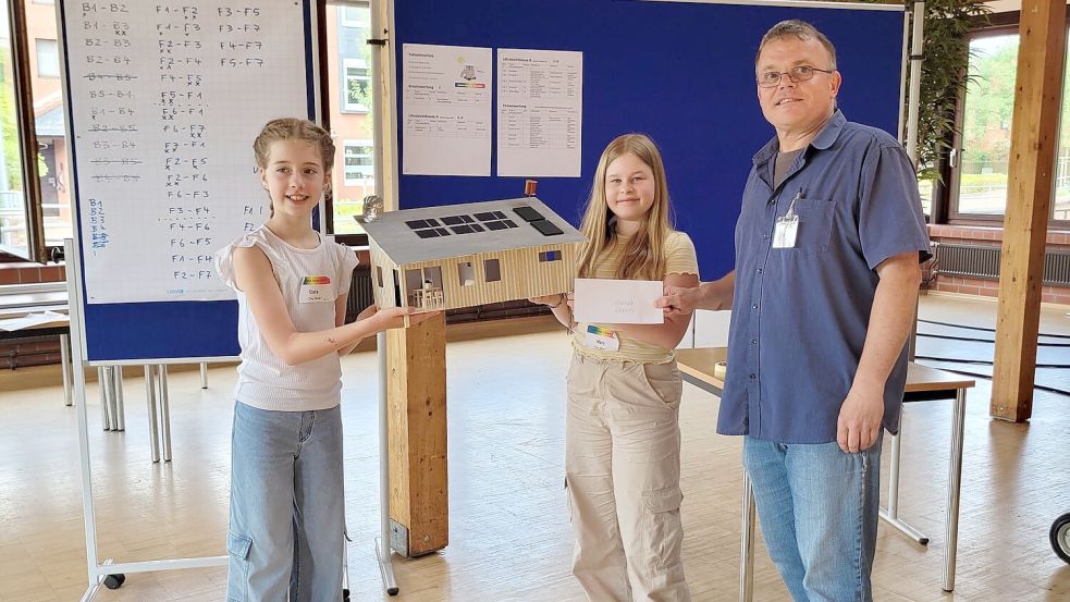 Ein funktionelles Tiny-House bauten die JAGlerinnen Clara Mennenga (von links) und Mara Bleeker, unterstützt von Betreuer Stefan Wild von der Hochschule Leer/Emden.