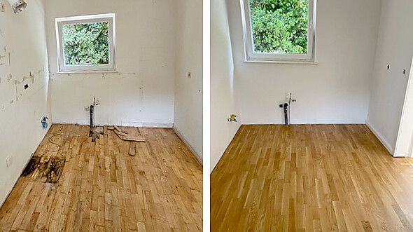 Vorher - nachher: In einer Privatwohnung wurde der Holzboden durch einen Wasserschaden in Mitleidenschaft gezogen. Ledatec baute eine neue Unterkonstruktion, auf der ein neuer Parkettboden verlegt wurde. Foto: privat