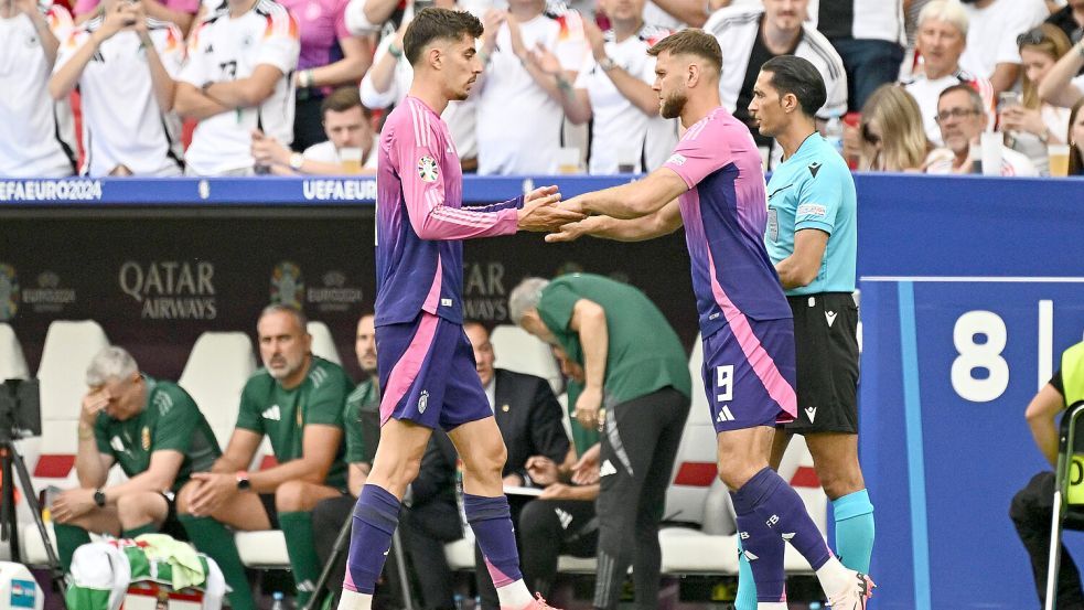 19.06.2024, xscotx, Fussball EM 2024, Deutschland - Ungarn, emspor, v.l. Kai Havertz (Deutschland, 7), Niclas Fuellkrug Foto: www.imago-images.de