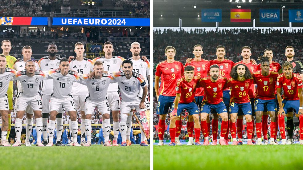 Treffen im EM-Viertelfinale aufeinander: Die deutsche und die spanische Fußball-Nationalmannschaft. Foto: imago