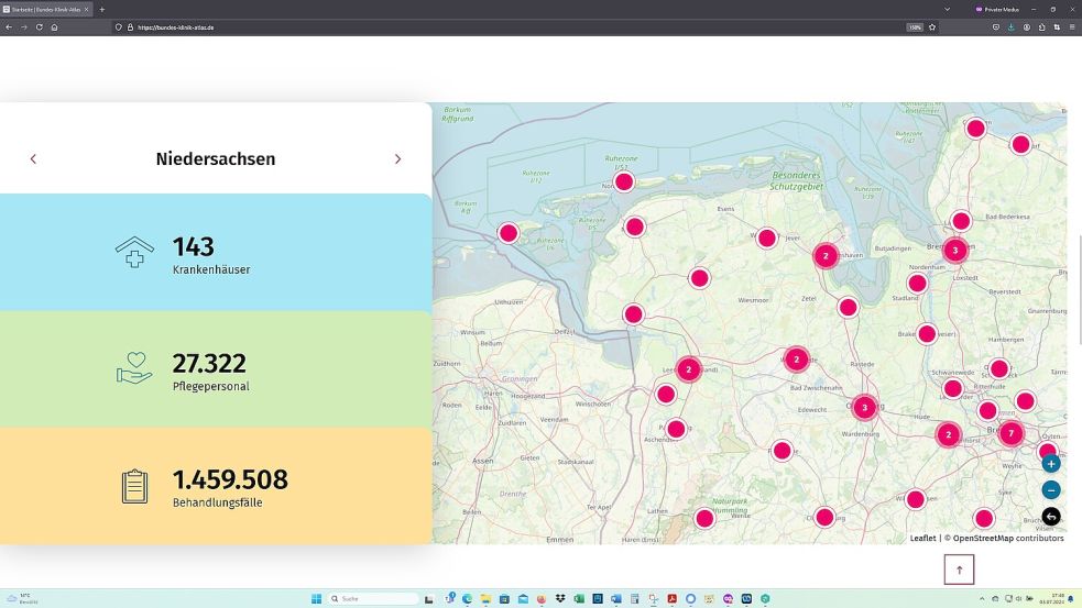 Blick auf die Krankenhäuser in Ostfriesland und darüber hinaus – seit Mai 2024 gibt es den Bundes-Klinik-Atlas des Bundesgesundheitsministeriums. Was bringt er Patienten? Foto: Bundes-Klinik-Atlas (Quelle)/OZ (Screenshot)