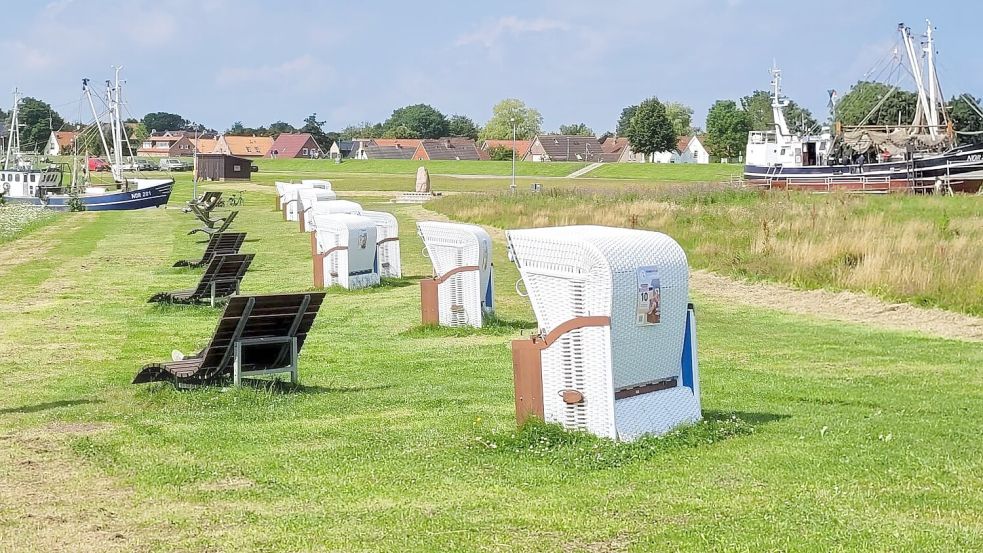 Die Strandkörbe am Grünstrand liegen direkt am Sielzufluss, gegenüber vom Hafen Greetsiel. Fotos: Wagenaar