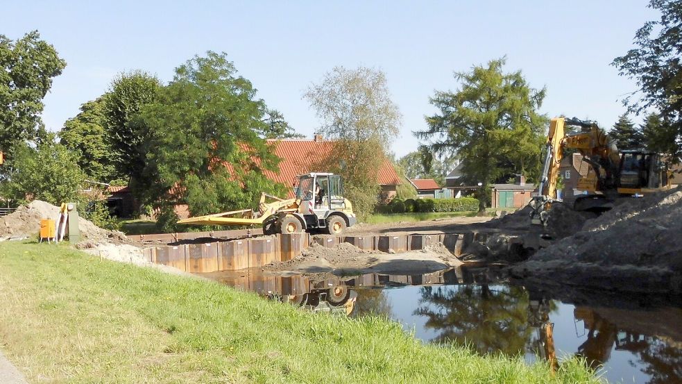 Der Einmündungsbereich des Spetzerfehn-Voßbarg-Kanals in die Süderwieke ist derzeit eine Großbaustelle. Brücke und Stauwehr werden komplett neu gebaut. Foto: Trauernicht