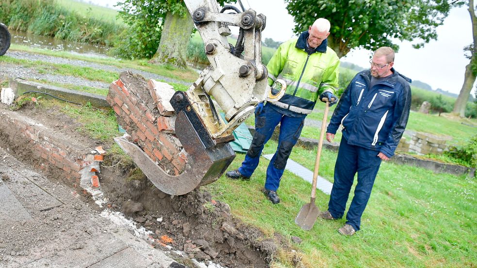 Das gesamte alte Mauerwerk wird abgetragen: Thomas Müller (links) und Dieter Carsjens vom 1. Entwässerungsverband Emden begutachten den Zustand des Schöpfwerks. Fotos: Wagenaar