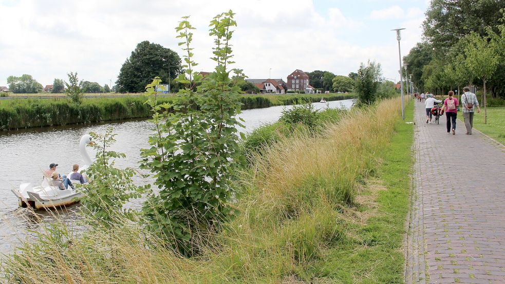 Die Promenade ist der Hauptverbindungsweg vom Ortskern in Carolinensiel zum Strand in Harlesiel. Doch das Pflaster ist in die Jahre gekommen, die Breite zu gering. Und auch die Befestigung der Böschung der Harle ist mangelhaft. Foto: Oltmanns/Archiv