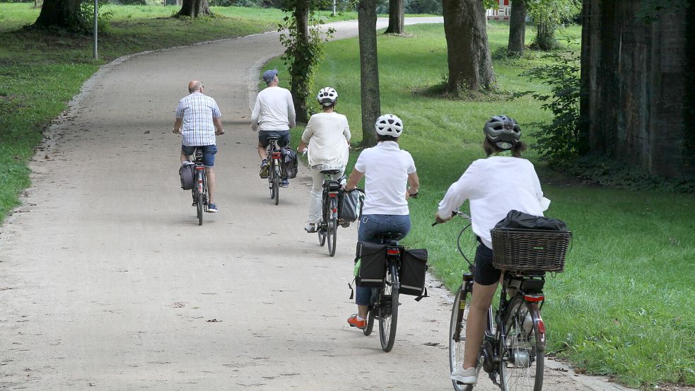 Eine Gruppe fährt am Emder Wall mit dem Fahrrad. Ab dem 1. September startet wieder die Aktion Stadtradeln, bei der jeder Rad-Kilometer gesammelt wird. Foto: Päschel/Archiv