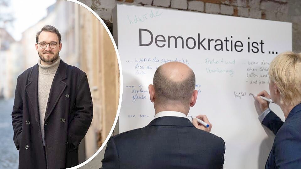 Lukas Rietzschel lebt und arbeitet in Görlitz. Für unsere Redaktion berichtet er über seine Perspektiven auf die politische Stimmung in Ostdeutschland. Rechts ist SPD-Bundeskanzler Olaf Scholz (l.) mit Manuela Schwesig (r.), SPD- Ministerpräsidentin von Mecklenburg-Vorpommern, auf der Konferenz „Ostdeutschland 2030“ in Leipzig zu sehen. Foto: Fotos: dpa/Hendrik Schmidt; dpa/Paul Glaser; Montage: NOZ/Ulrich