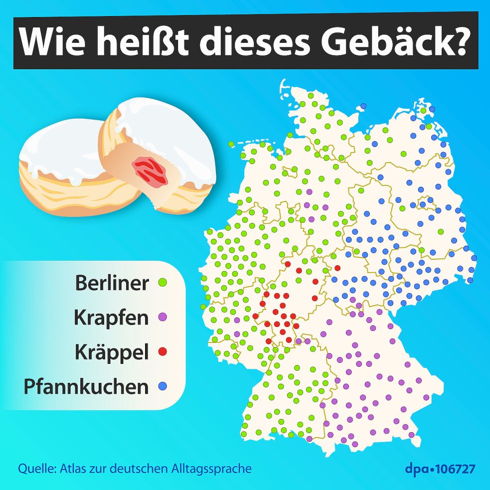 Was in Ostfriesland selbstverständlich „Berliner“ heißt, wird in den verschiedenen Regionen Deutschlands ganz anders genannt. Grafik: dpa