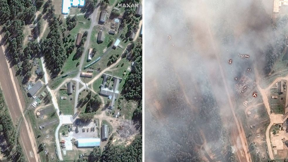 Der Drohnenangriff auf ein Munitionsdepot im Nordwesten Russlands war Selenskyj zufolge ein großer Erfolg. Foto: -/Satellite image ‚2023 Maxar Technologies/AP/dpa