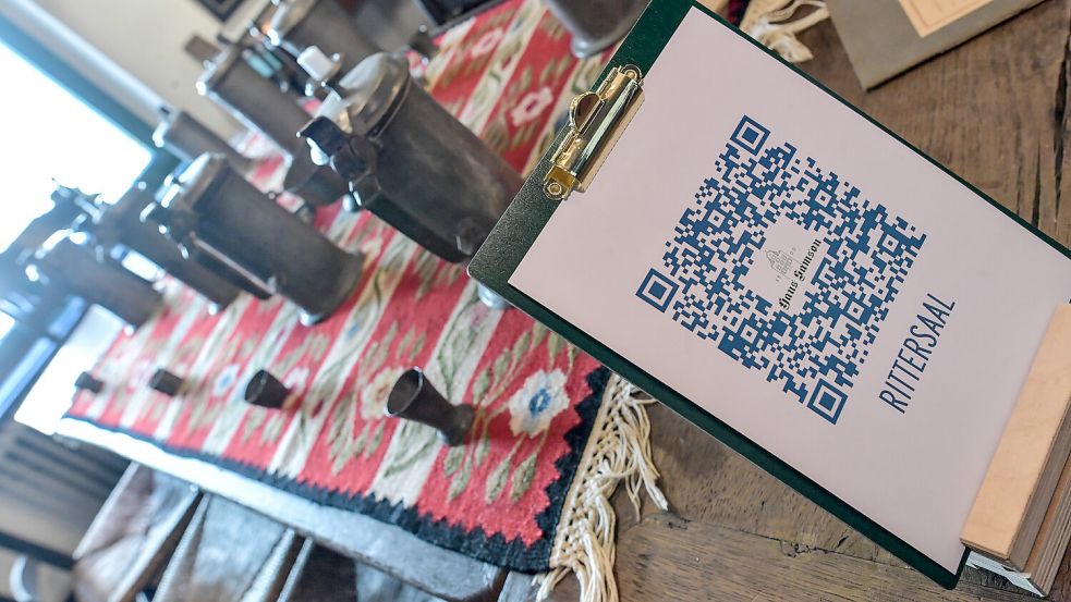 Über die blauen QR-Codes können sich Interessierte auf eine etwa 45 Minuten lange Zeitreise, ähnlich wie ein Hörspiel aufgebaut, begeben.