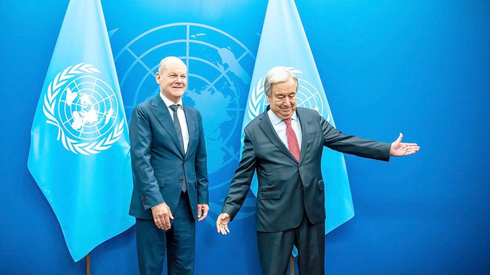 Scholz und Guterres sind beim UN-Zukunftsgipfel zwei der Hauptakteure. Foto: Michael Kappeler/dpa