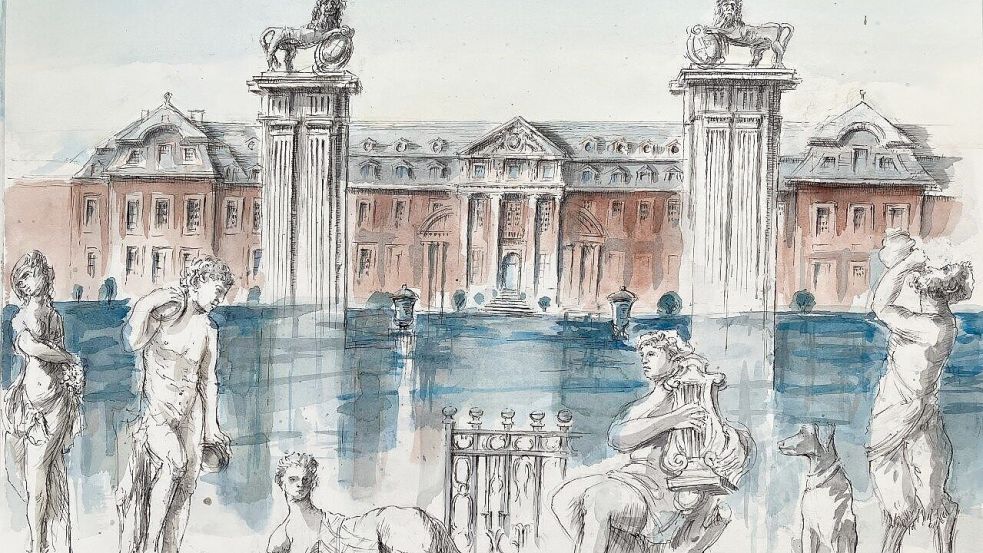 Fantastischer Figurenreigen vor dem Wasserschloss: Rolf Eschers aquarellierte Zeichnung „Schloss Nordkirchen, ein Capriccio, 1“, 2024, Tuschfeder, Aquarell, 38 x 55,5 cm. Foto: Copyright: Rolf Escher