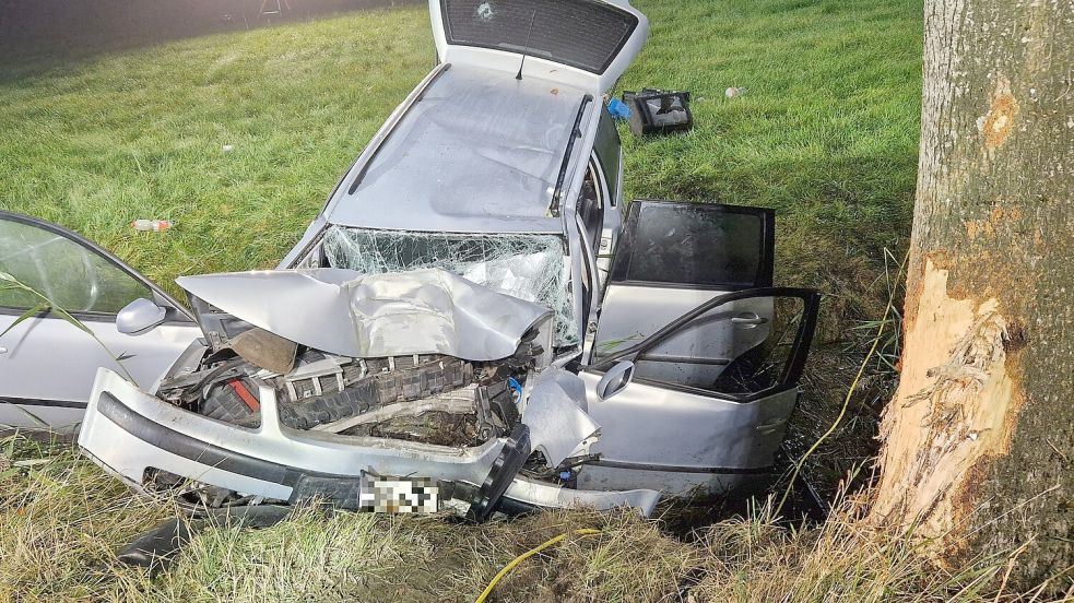 Das Fahrzeug wurde bei dem Zusammenprall mit einem Baum völlig zerstört. Foto: Feuerwehr