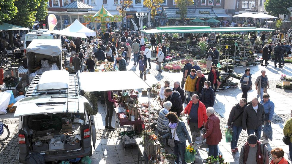 Erleben Sie den Heidemarkt in Aurich mit farbenfrohen Herbstblühern, einem verkaufsoffenen Sonntag und vielfältigen kulinarischen Leckereien. Entdecken Sie regionale Gartenbaubetriebe und ein buntes Rahmenprogramm für die ganze Familie. Fotos: KV