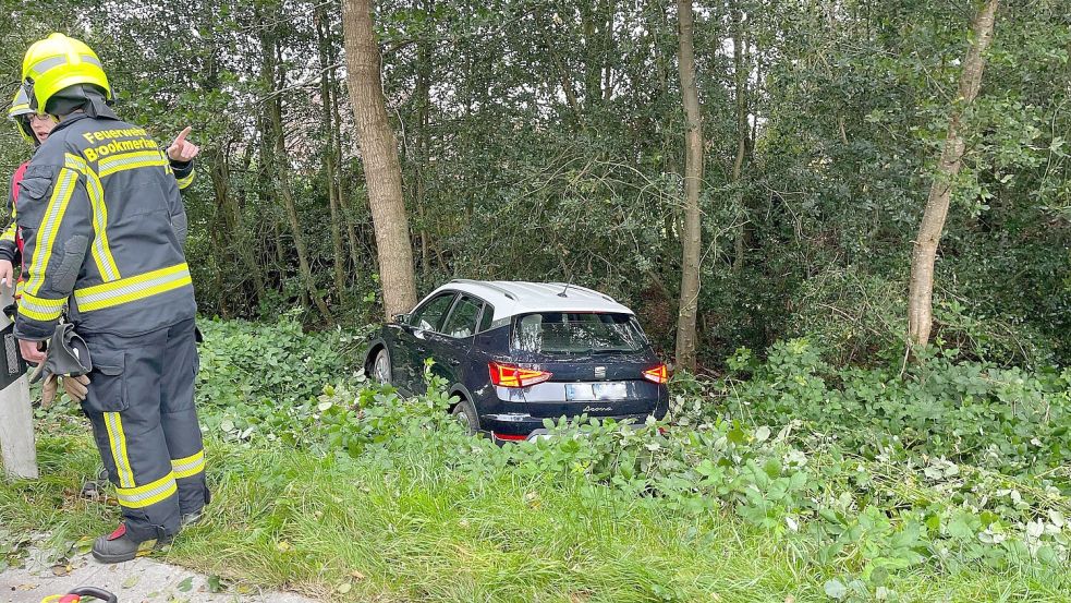 Auf der Bundesstraße 72 kollidierte ein Auto mit einem umgestürzten Baum und landete im Graben. Foto: Justin Herzig