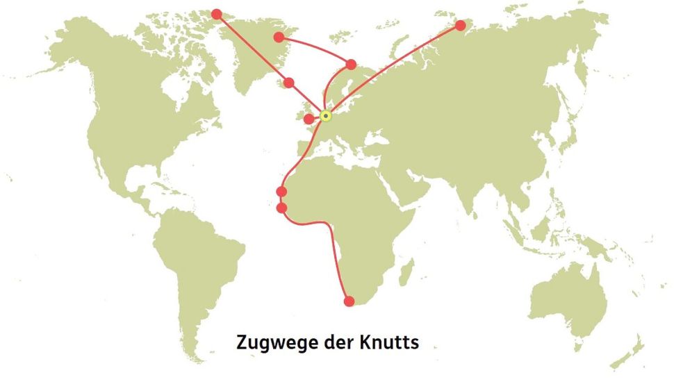 Aus seinen Brutgebieten in Sibirien, Grönland und Alaska fliegt der Knutt im Herbst nach West- und Südafrika zum Überwintern. Im Frühjahr kehrt er zurück. Dreh- und Angelpunkt ist das Wattenmeer der Nordsee. Grafik: Nationalpark-Verwaltung