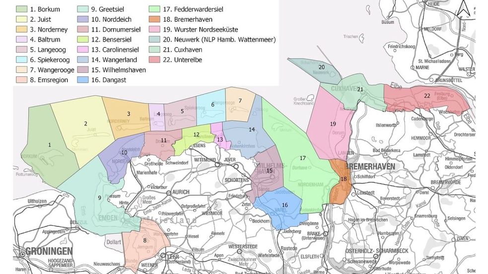 Die Teilnahmeregionen des Aviathlons: An Küste und Inseln Ostfrieslands gilt es, Vogelarten zu zählen. Grafik: Nationalpark-Verwaltung