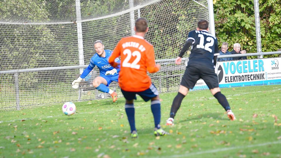 Der Holter SV (vorne Dominik Volkeri) konnte Lukas Meinen im Loquarder Tor dreimal überwinden. Fotos: Wagenaar