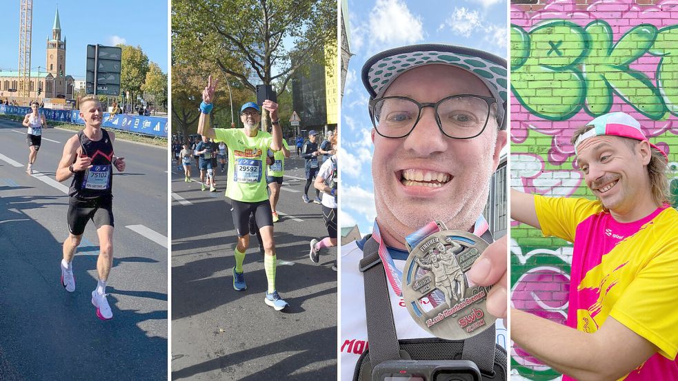 Bei der 50. Auflage des Berlin Marathons waren Tammo Oldigs (von links) und Eddi Schoonhofen dabei. Eine Woche später absolvierte Ingo Hellmers (rechts) seinen ersten Marathon in Bremen. Redakteur Dirk Hellmers lief in Bremen einen Halbmarathon. Fotos: privat