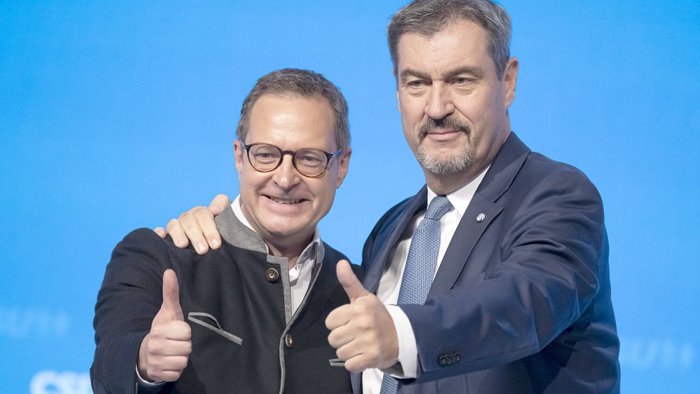 CSU-Parteichef Markus Söder (r.) und Generalsekretär Martin Huber (l.) scheinen sich mittlerweile hauptberuflich dem Grünen-Bashing gewidmet zu haben. Einem konstruktiven Diskurs hilft das nicht. Foto: dpa/Peter Kneffel