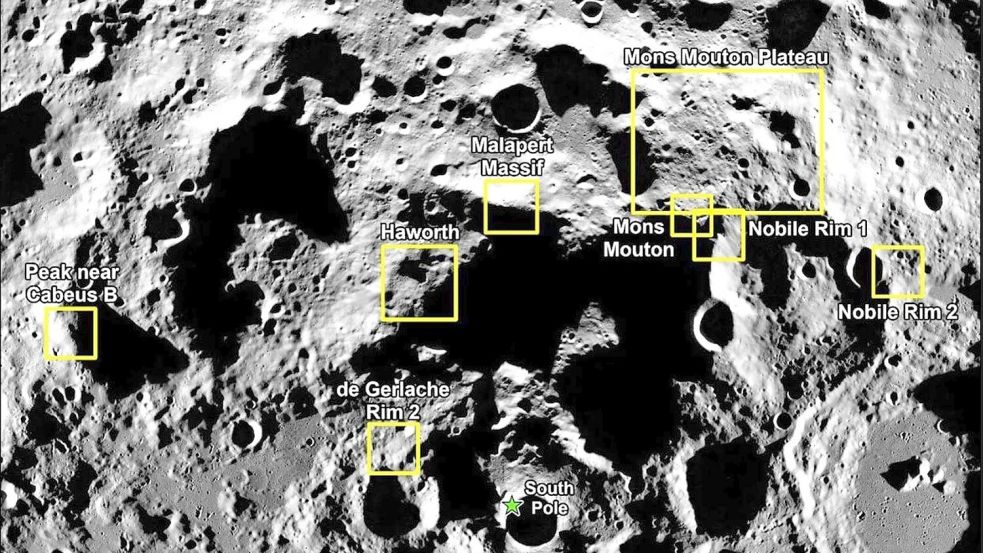 Das von der Nasa zur Verfügung gestellte Bild zeigt neun potenzielle Landegebiete. Foto: GSFC/ASU/JSC/AGDT/NASA/dpa