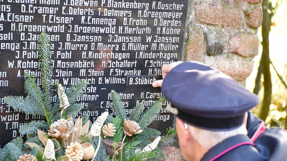 In Suurhusen wurde auf dem Kriegsmahnmal der Name von Boje Stübich ergänzt. Er war mit nur 16 Jahren von den Nazis ermordet worden, weil er eine Behinderung hatte. Sein Verschwinden war ihm Dorf lange totgeschwiegen worden. Foto: Wagenaar