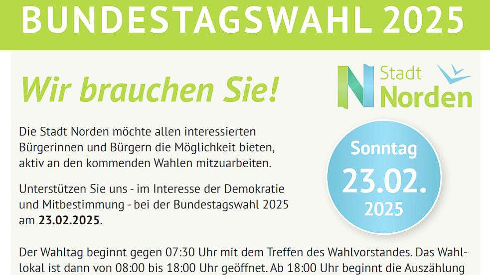 Die Stadt Norden ruft potenzielle Wahlhelfer dazu auf, sich für die Bundestagswahl am 23. Februar zu melden. Bild: Stadt Norden