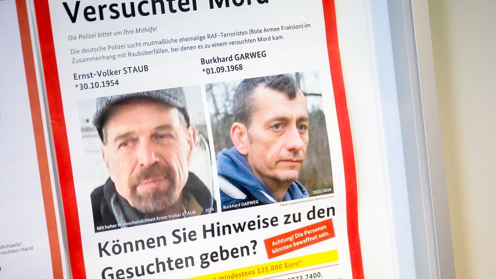 Fahndung nach den RAF-Terroristen Burkhard Garweg und Ernst-Volker Staub. Foto: dpa/Julian Stratenschulte