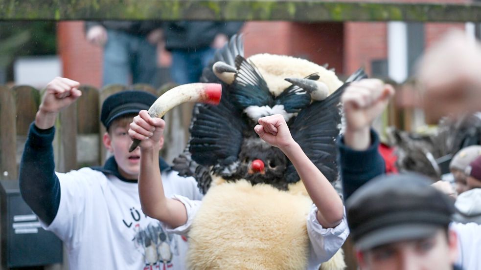 Die Klaasohms tragen traditionell Masken, Schafsfelle und Vogelfedern. Foto: Lars Penning/dpa